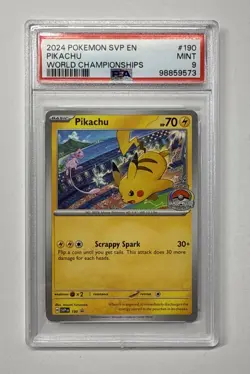 PSA 9 MINT Pikachu SV BLACK STAR PROMOS #190 WORLD CHAMPIONSHIPS Pokemon Card - Image 1