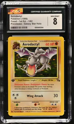 CGC 8 Aerodactyl 1999 Fossil 1st Edition Holo 1/62 Prerelease Pokemon Card - Image 1