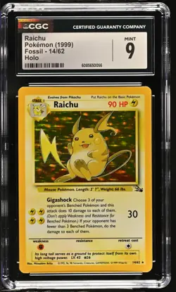 CGC 9 MINT Raichu 1999 Fossil 14/62 Holo Pokemon Card - Image 1