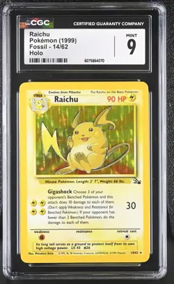CGC 9 MINT Raichu 1999 Fossil 14/62 Holo Pokemon Card - Image 1