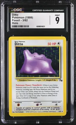 CGC 9 MINT Ditto 1999 Fossil 3/62 Holo Pokemon Card - Image 1