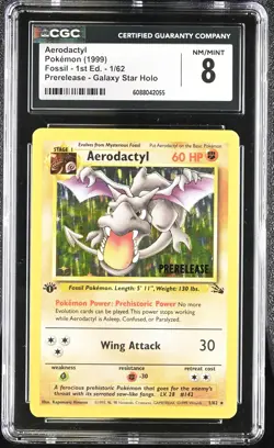 CGC 8 Aerodactyl 1999 Fossil 1st Edition Holo 1/62 Prerelease Pokemon Card - Image 1