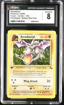 CGC 8 Aerodactyl 1999 Fossil 1st Edition Holo 1/62 Prerelease Pokemon Card - Image 1