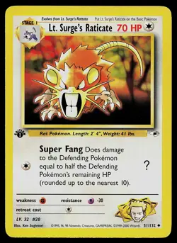 Pokemon Card - Lt. Surge's Raticate 1st Edition Gym Heroes 51/132 Uncommon - Image 1