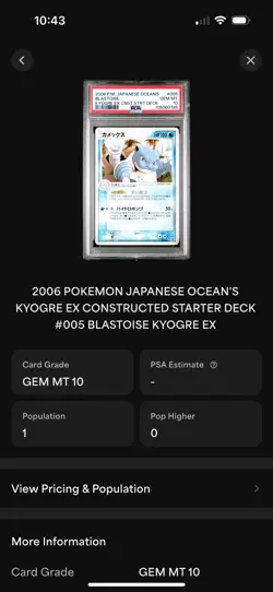 POP 1 Pokemon Japanese Blastoise Ocean's Kyogre Deck 005/016 2006 (PSA 10) - Image 4