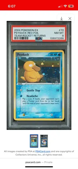 2004 Pokemon Psyduck 70/109 Team Rocket Returns Reverse Holo - PSA 8 - Image 3