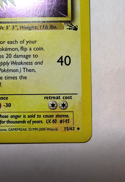 Pokemon TCG Zapdos Fossil Holo Rare 15/62 1999-2000 Cosmos Holo Rare w/Swirl - Image 5