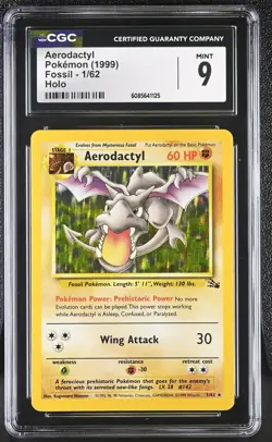 CGC 9 MINT Aerodactyl 1999 Fossil 1/62 Holo Pokemon Card - Image 1