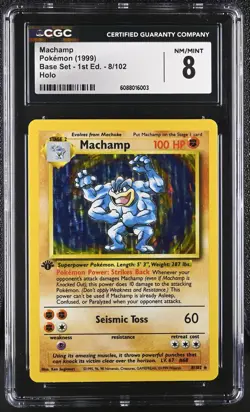 CGC 8 Machamp 1999 Base Set 1st Edition 8/102 Holo Pokemon Card - Image 1