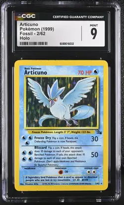 CGC 9 MINT Articuno 1999 Fossil 2/62 Holo Pokemon Card - Image 1