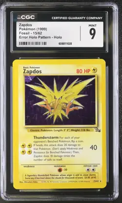 CGC 9 MINT Zapdos 1999 Fossil 15/62 Holo Pokemon Card - Image 1