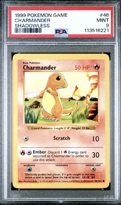 Pokemon Card Charmander 46/102 Shadowless Base Set 1999 PSA 9 MINT - Image 1