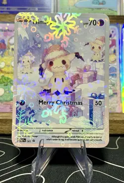 Custom Fan Art Pokemon Card Christmas Mimikyu w/ Holo Sleeve - Image 1