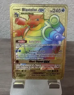 Gold Metal Pokemon Blastoise GX Rainbow Gold Foil Fan Art Card 218/214 - Image 1