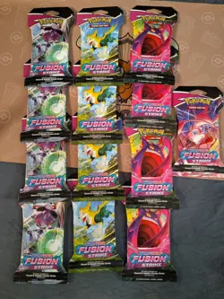 pokemon tcg sword and shield fusion strike booster packs, lot of 13 sealed - Image 1