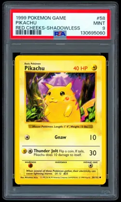 1999 Pokemon RED CHEEKS PIKACHU Base Set SHADOWLESS Card 58/102 Error PSA 9 MINT - Image 1