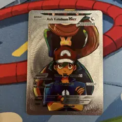 Pokemon Ash Ketchum VMax Silver Foil Holo Textured Fan Art Card Nintendo - Image 1