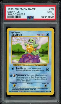 PSA 9 Pokemon Base Set Squirtle 63/102 Shadowless MINT - Image 1