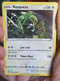 POKEMON RAYQUAZA SWSH029 BLACK PROMO STAR COSMOS WITH SWIRL HOLOFOIL NM CARD - Image 1