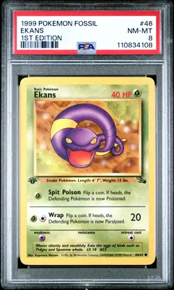 1999 POKEMON FOSSIL 1ST ED #46 EKANS PSA 8 - Image 1