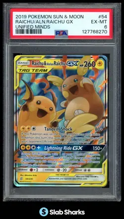 2019 POKEMON SUN & MOON UNIFIED MINDS #54/236 RAICHU & ALOLAN GX TAG TEAM PSA 6 - Image 1