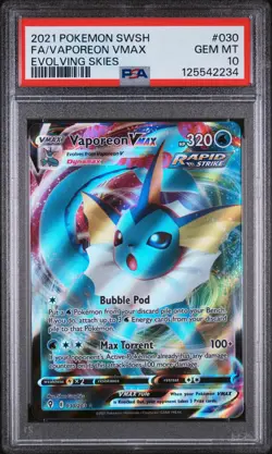 PSA 10 Vaporeon VMAX 030/203 Evolving Skies Holo Pokemon Card - Gem Mint - Image 1