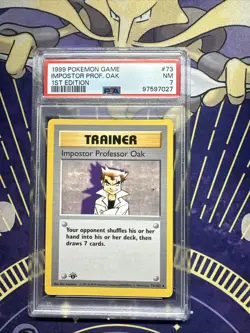 1st Edition Shadowless Imposter Professor Oak 73/102 Base Set Pokemon Card PSA 7 - Image 1