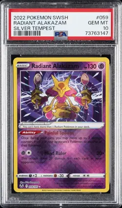 2022 POKEMON SWORD & SHIELD SILVER TEMPEST #059 RADIANT ALAKAZAM PSA 10 - Image 1