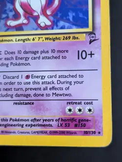 Mewtwo 10/130 Vintage WOTC MP Pokemon TCG Base Set 2 Holo Rare Card - Image 4