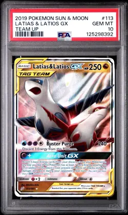 2019 POKEMON SUN & MOON TEAM UP #113 LATIAS & LATIOS GX PSA 10 - Image 1