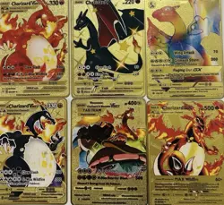 Gold Metal Pokemon 6 Charizard Cards Fan Art ( UNOFFICIAL ) VMAX V GX TAG TEAM - Image 1