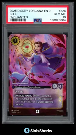 2025 DISNEY LORCANA EN 9 #226/204 BELLE ACCOMPISHED MYSTIC ENCHANTED PSA 10 - Image 1