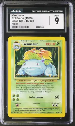 CGC 9 MINT Venusaur 1999 Base Set 15/102 Holo Pokemon Card - Image 1