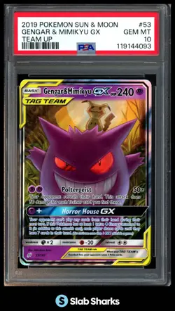 2019 POKEMON SUN & MOON TEAM UP #53/181 GENGAR MIMIKYU GX TAG TEAM PSA 10 - Image 1