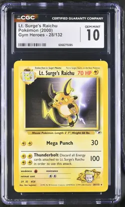 CGC 10 GEM MINT Lt. Surge's Raichu 2000 Gym Heroes 28/132 Pokemon Card - Image 1