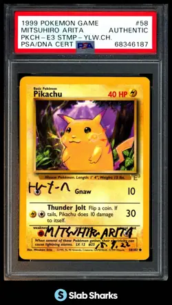 1999 POKEMON 58/102 PIKACHU E3 STAMP YELLOW CHEEKS MITSUHIRO ARITA AUTO PSA AUTH - Image 1