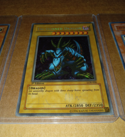 3 HP Yugioh Cards 1st Tri-Horned Dragon LOB-000, Theinen EP1-EN001, Andro Sphinx - Image 3