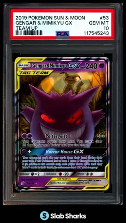 2019 POKEMON SUN & MOON TEAM UP 53/181 GENGAR MIMIKYU GX TAG TEAM HOLO PSA 10 - Image 1
