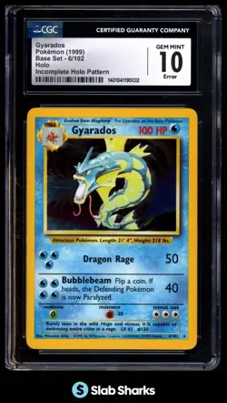 1999 POKEMON BASE SET #6/102 GYARADOS HOLO INCOMPLETE HOLO PATTERN CGC 10 - Image 1