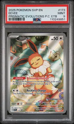 2025 POKEMON PRISMATIC EVOLUTIONS POKEMON CENTER ETB PROMO #173 EEVEE PSA 9 - Image 1
