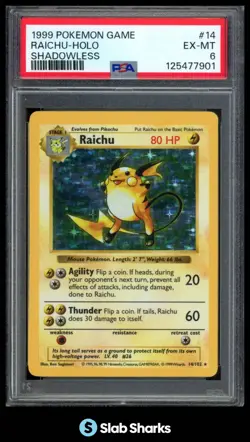 1999 POKEMON BASE SET UNLIMITED #14/102 RAICHU RARE HOLO SHADOWLESS PSA 6 - Image 1