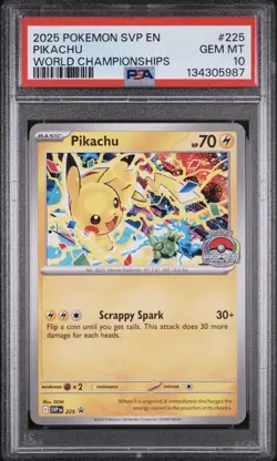2025 POKEMON SVP EN-SV BLACK STAR PROMO WORLD CHAMPIONSHIPS #225 PIKACHU PSA 10 - Image 1