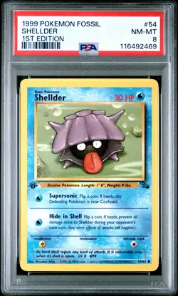 1999 POKEMON FOSSIL 1ST EDITION #54 SHELLDER PSA 8 - Image 1