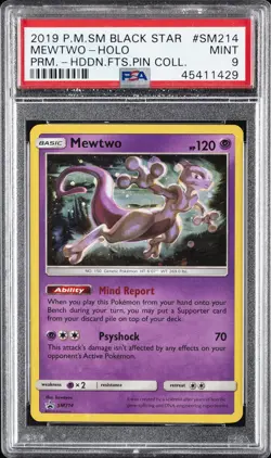 2019 POKEMON SM BLACK STAR PROMO HIDDEN FATES PIN COLL #SM214 MEWTWO-HOLO PSA 9 - Image 1
