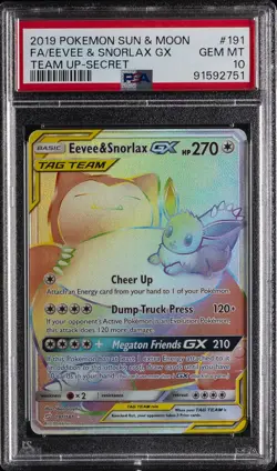 2019 POKEMON SUN & MOON TEAM UP SECRET #191 FULL ART/EEVEE & SNORLAX GX PSA 10 - Image 1