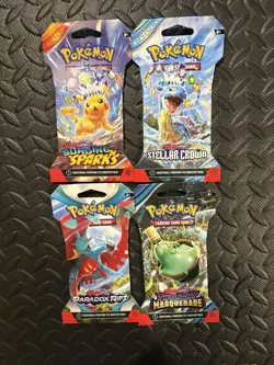 Lot of 4 Pokemon Booster Packs Scarlet & Violet Surging Sparks Paradox Rift - Image 1