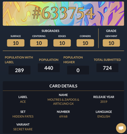 ACE 10 MOLTRES & ZAPDOS & ARTICUNO GX 69/68 HIDDEN FATES POKEMON PERFECT SUBS - Image 3