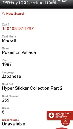 1997 Pokemon MEOWTH 1997 AMADA HYPER STICKER #255 CGC NM 8 - Image 4
