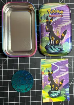 OPENED Pokemon TCG Prismatic Evolutions Umbreon Tin w/ Art Card & Coin, No Packs - Image 3