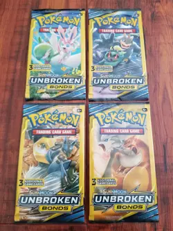 Pokemon Sun & Moon Unbroken Bonds 3 Card Mini Booster Pack - 4 Packs - Art Set - Image 1